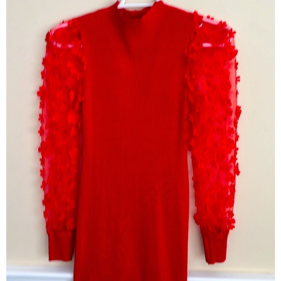 NO BOUNDARIES Red Ribbed Puffy Floral Sheer Sleeve Cable knit Sweater Dress NWOT - Picture 9 of 13